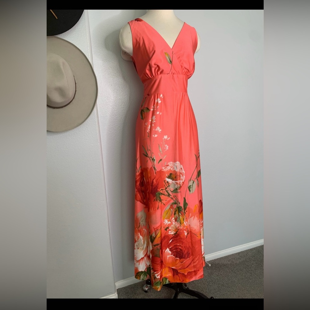 Vintage 60s Floral Coral Maxi Dress
